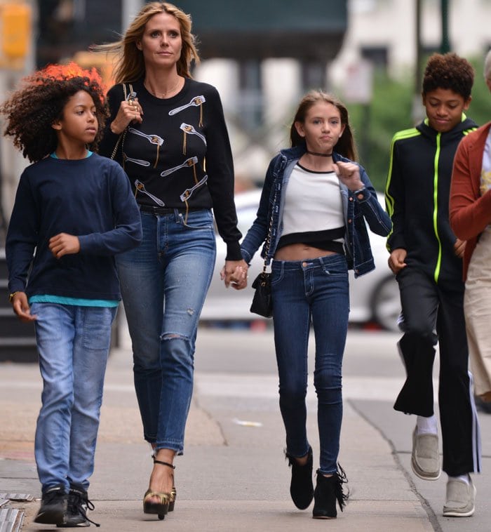 Heidi Klum appears effortlessly flawless as she walks through Tribeca with her children