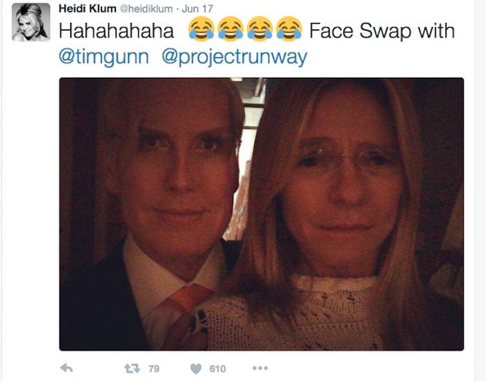 Heidi Klum tweeted a hilarious photo of herself face-swapping with her Project Runway co-host Tim Gunn