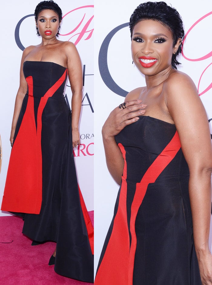 Jennifer Hudson matches her red lipstick to the designs on her Prabal Gurung gown