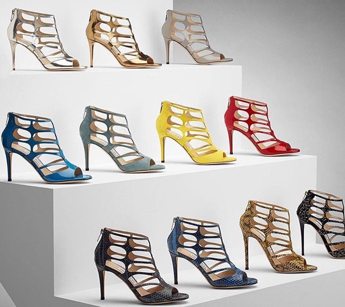 The Jimmy Choo Ren caged sandals feature an open round toe, rear zip closure, a leather insole, 105 mm stiletto heel, and a caged upper complete with slim straps