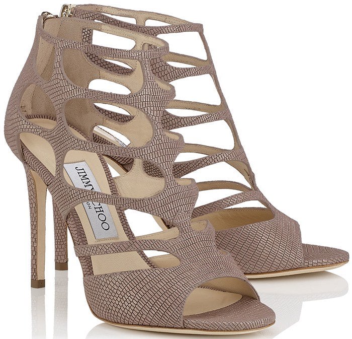 Jimmy Choo Ren Nude Glitter Printed cutout suede sandal