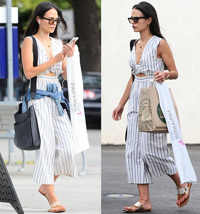 Jordana Brewster goes shopping in a striped Madewell jumpsuit