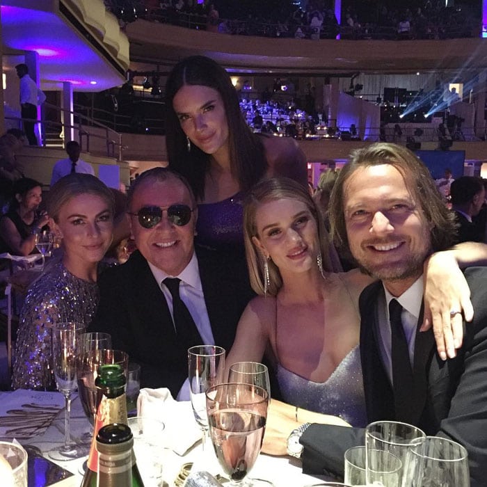 Julianne Hough posing with Rosie Huntington-Whiteley, Michael Kors, Alessandra Ambrosio, and Lance LePere