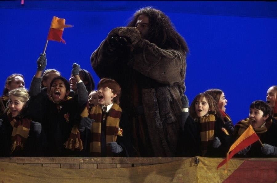 Rupert Grint as Ron Weasley, Emma Watson as Hermione Granger, Matthew Lewis as Neville Longbottom, Robbie Coltrane as Rubeus Hagrid, Alfred Enoch as Dean Thomas, and Julianne Hough as a Gryffindor student in the 2001 fantasy film Harry Potter and the Philosopher's Stone
