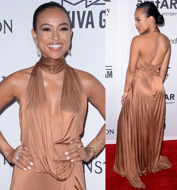 Karrueche Tran shows off her tattoos in an open-backed Tom Ford for Gucci dress