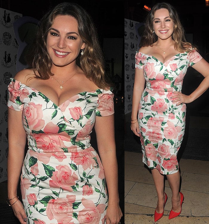 Kelly-Brook-cleavage-floral-off-the-shoulder-dress