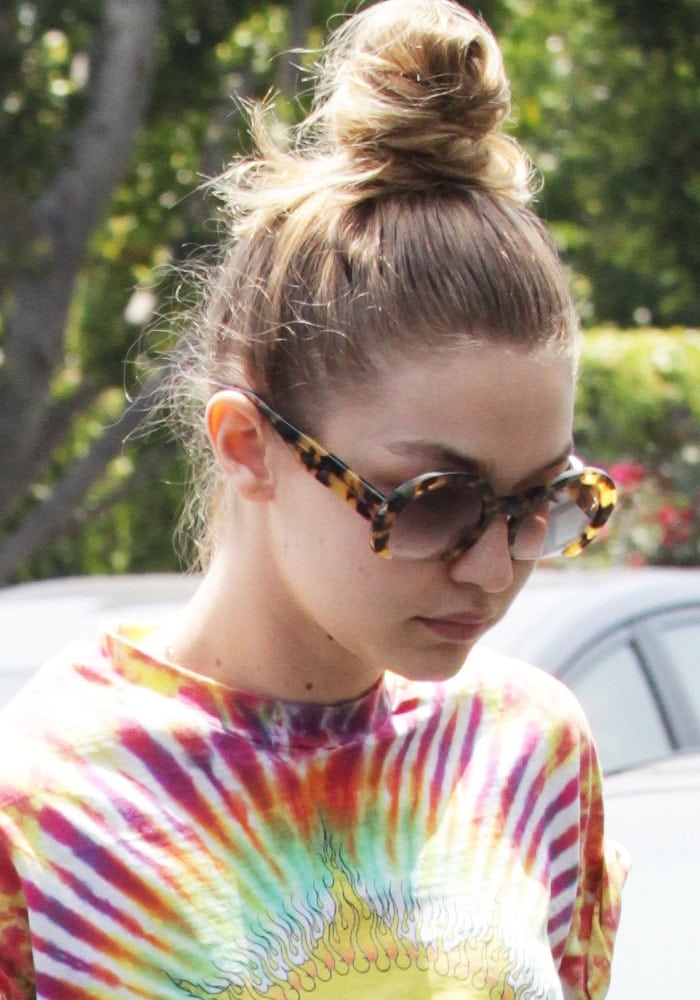 Gigi Hadid wears a tie-dye shirt while out for lunch in Beverly Hills
