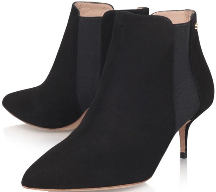 These low-ankle boots are black suede, with stylish elasticated side panels for slip-on ease