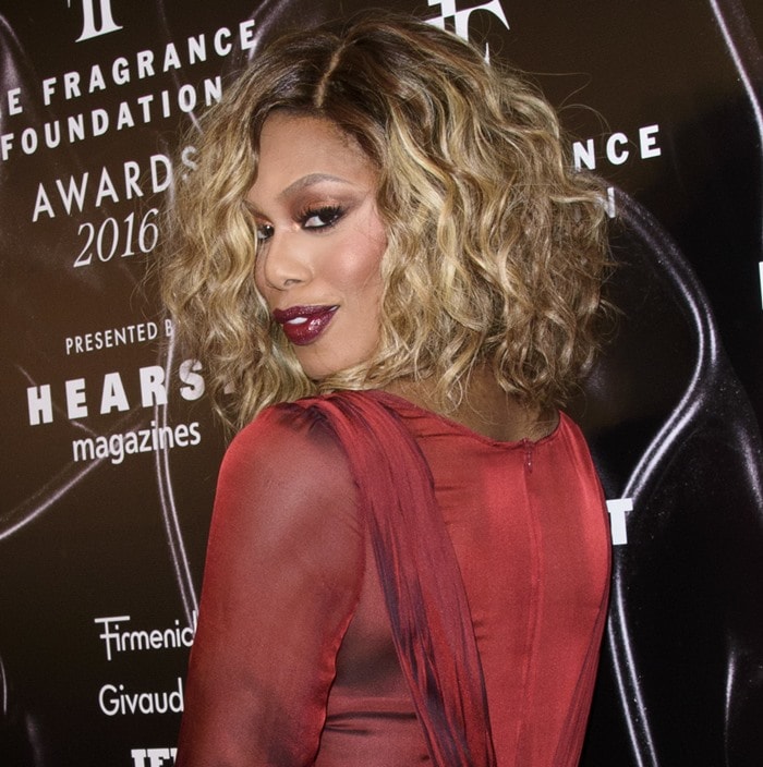 Laverne Cox in a sheer long sleeve ruffle dress from the Leanne Marshall Fall 2016 collection