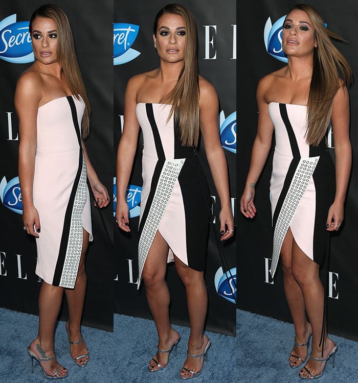 Lea Michele pairs her J. Mendel dress with silver sandals at an Elle event