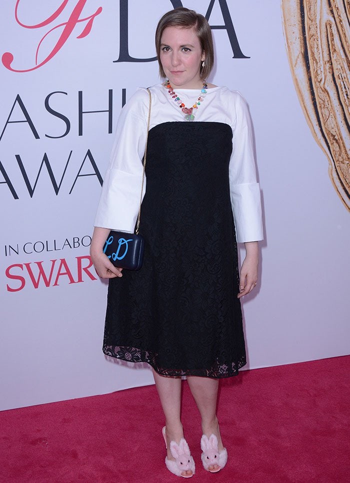 Lena Dunham layers an Irene Neuwirth necklace over a top-and-dress combination from Creatures of the Wind