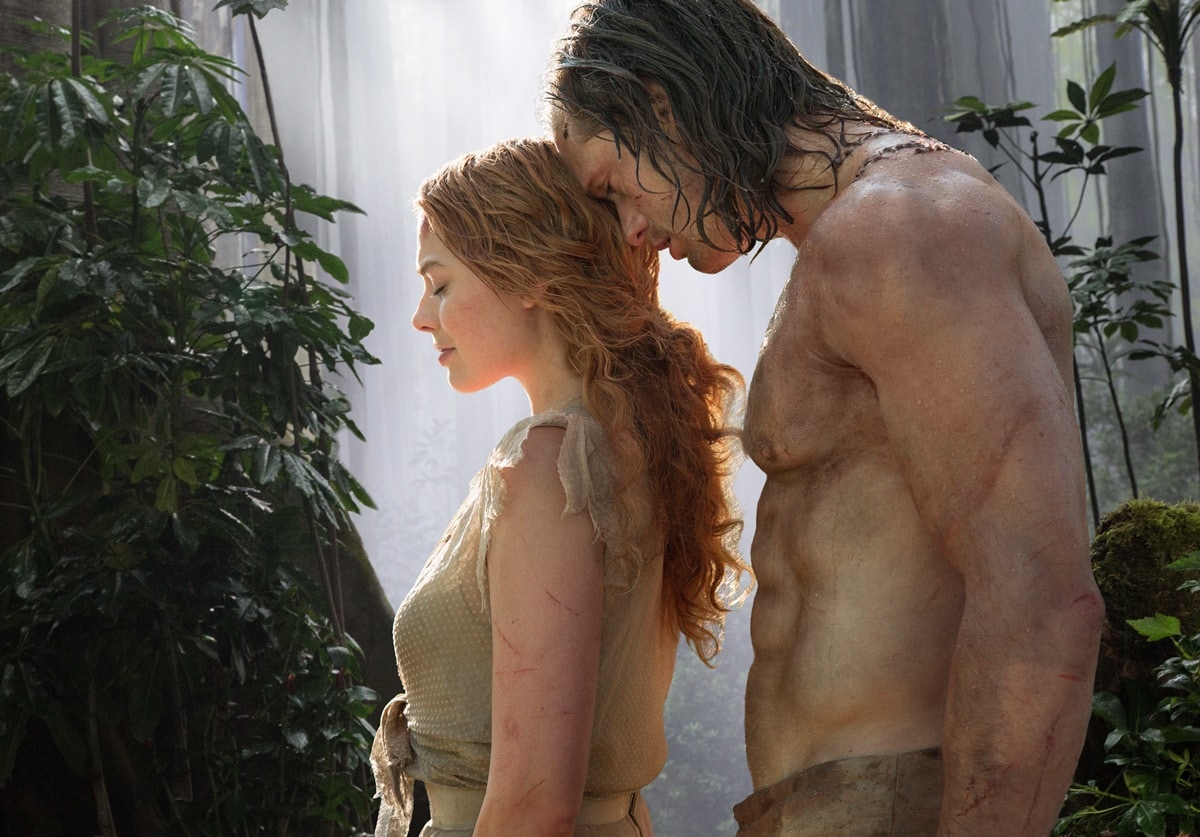 Margot Robbie as Tarzan's feisty and devoted wife Jane Clayton and Alexander Skarsgård as Tarzan in the 2016 adventure film The Legend of Tarzan