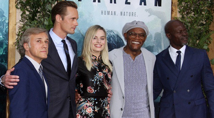 Christoph Waltz, Alexander Skarsgard, Margot Robbie, Samuel L. Jackson and Dijmon Hounsou pose for photos at the premiere of "Tarzan"