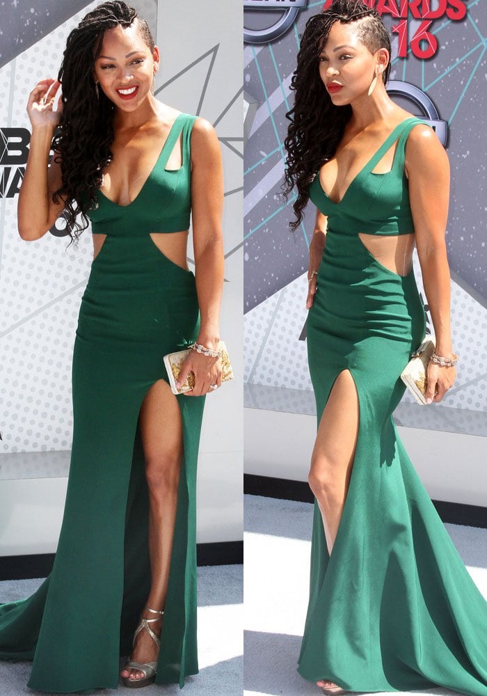 Meagan Good stuns on the carpet of the BET Awards in a green floor-length Lorena Sarbu gown