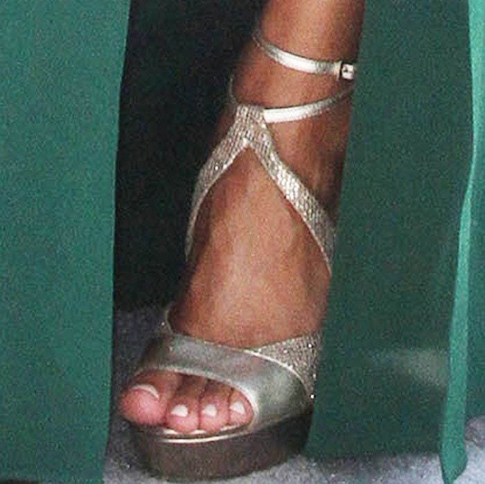 Meagan Good's feet in sparkling Jimmy Choo sandals
