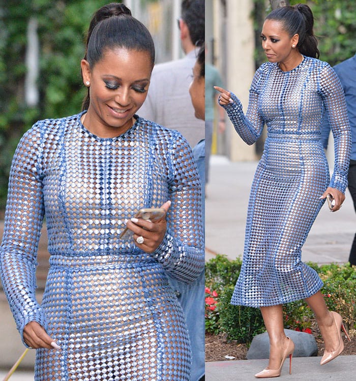 Mel B turns heads in a metallic mesh LaQuan Smith dress, perfectly paired with nude Christian Louboutin So Kate pumps that elongate her legs and balance the bold look