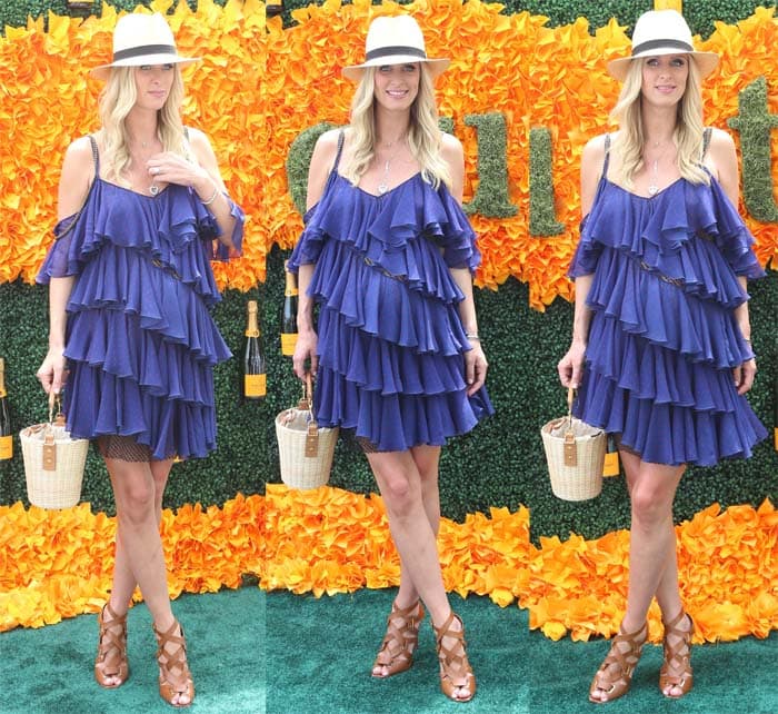 Nicky Hilton pairs her blue dress with brown caged sandals.