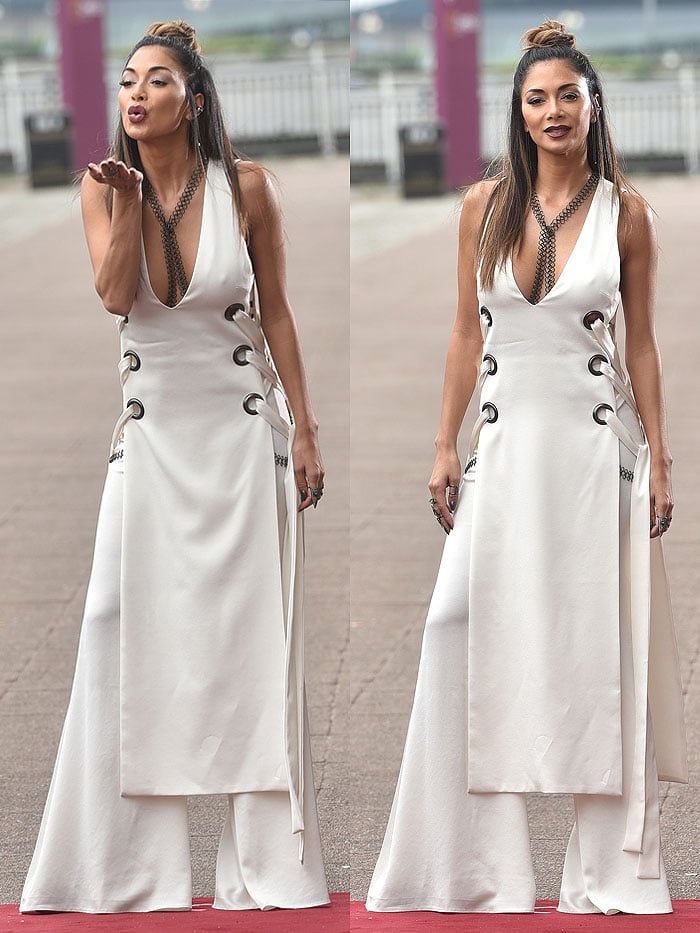 Nicole Scherzinger wears a sleek, white two-piece jumpsuit by Australian label Ellery