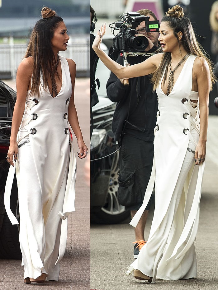 Nicole Scherzinger wears a white jumpsuit with Aquazzura 'Kaya' platform sandals