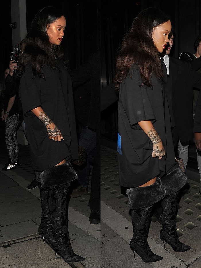 Rihanna shows off her tattoos in a t-shirt-as-a-dress look while out in London