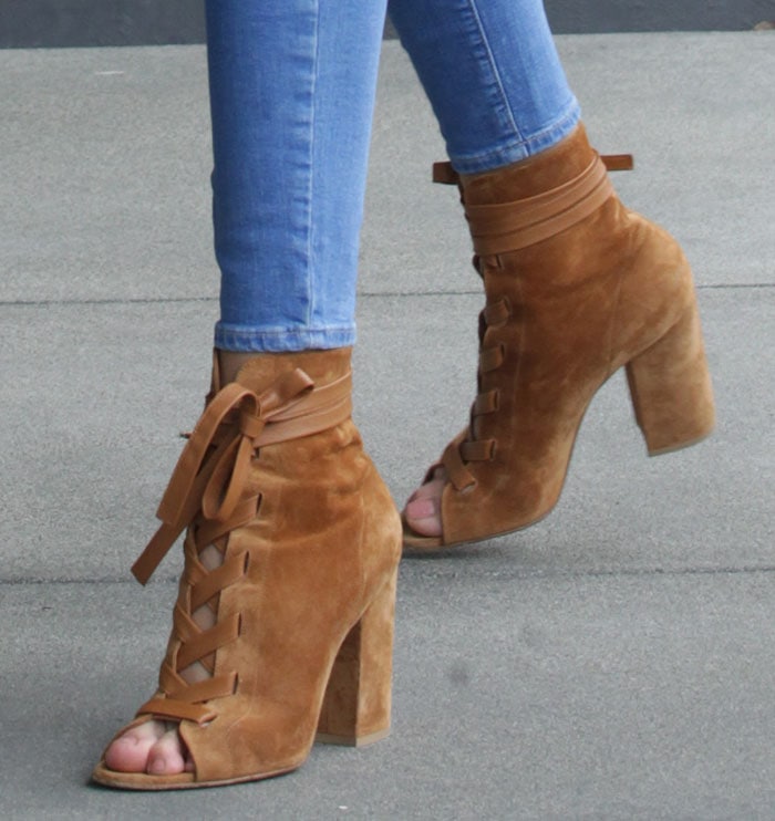 Rosie Huntington-Whiteley's feet in block-heeled suede Gianvito Rossi booties