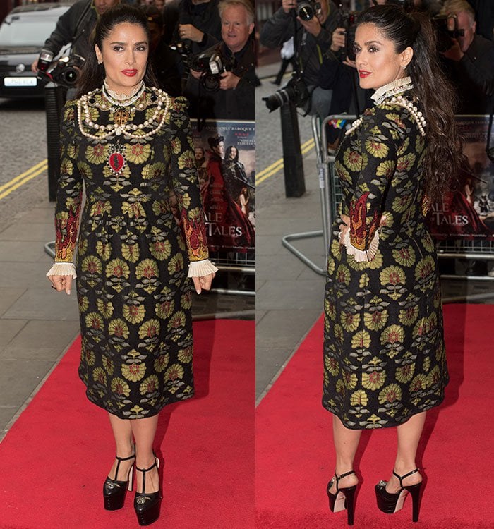 Salma Hayek keeps her jewelry to a minimum and wears her hair in a half-up, half-down style