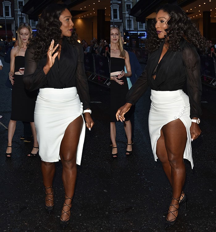 Serena Williams flaunts her athletic body in a white skirt paired with a black blouse