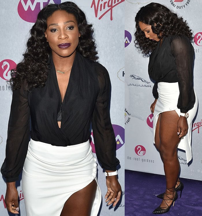 Serena Williams shows off her tennis-toned legs in a slashed white skirt at a pre-Wimbledon party