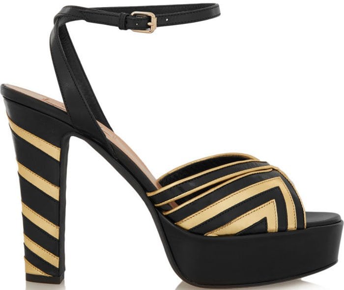 These light-catching sandals by Valentino are crafted from smooth chevron-striped panels of black and gold leather