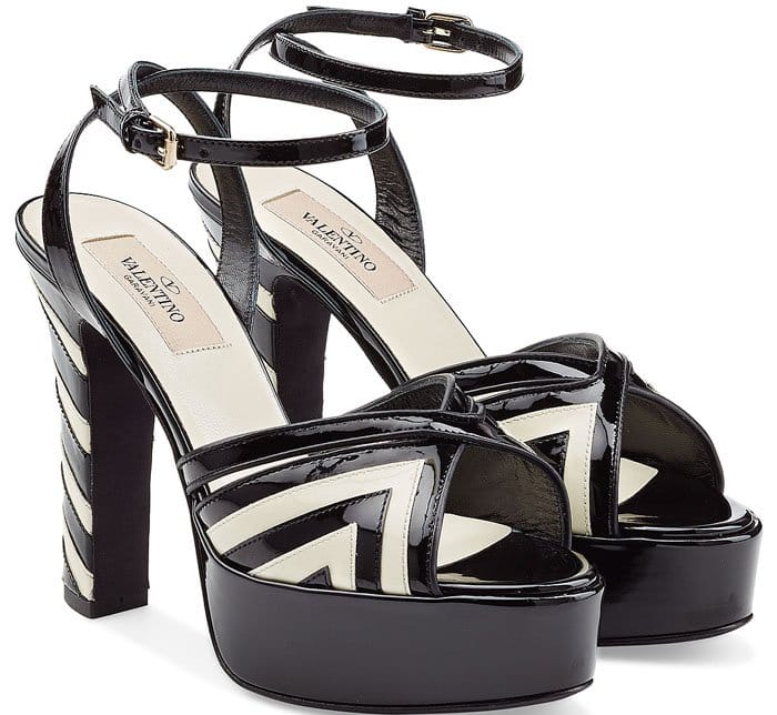 Black and White Striped Valentino Leather Platform Sandals