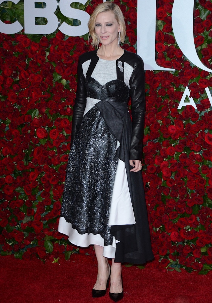 Cate Blanchett wears a mixed media dress from Louis Vuitton's Fall 2016 collection to the 2016 Tony Awards