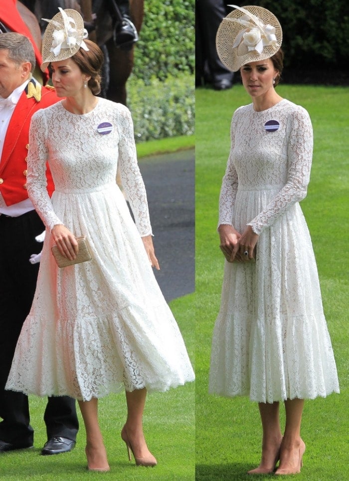 Kate Middleton arrives at the Royal Ascot horse races in a white lace dress from Dolce & Gabbana