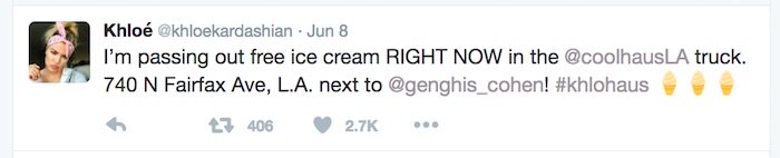 Khloe Kardashian posted a tweet inviting all her followers to come down to the Coolhaus LA truck to buy some ice cream from her.