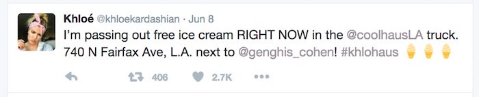 Khloé Kardashian posted a tweet inviting all her followers to come down to the Coolhaus LA truck to buy some ice cream from her.