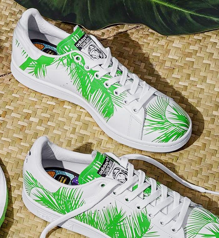 The adidas Stan Smith x Pharrell Williams x BBC "Green Palm Trees" model showcases a Nappa leather upper in white, adorned with a striking green palm tree pattern