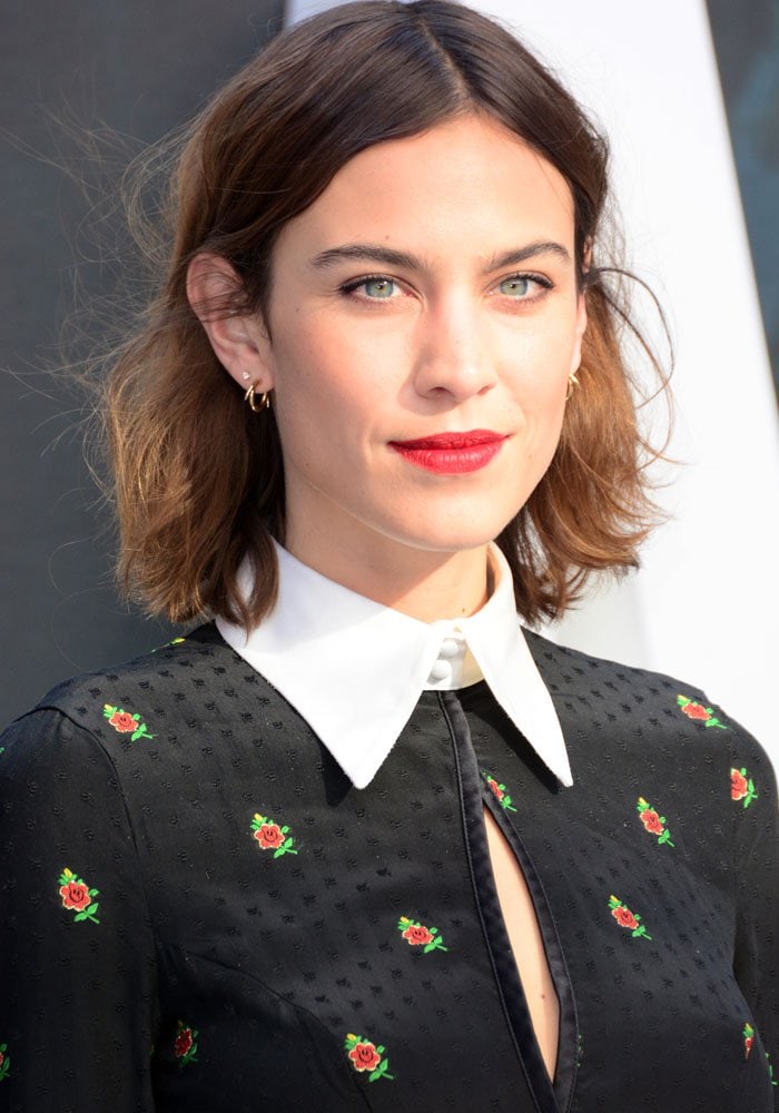 At the European premiere of The Legend of Tarzan, Alexa Chung adorned a slim-fitting Alessandra Rich print dress that showcased her slender physique