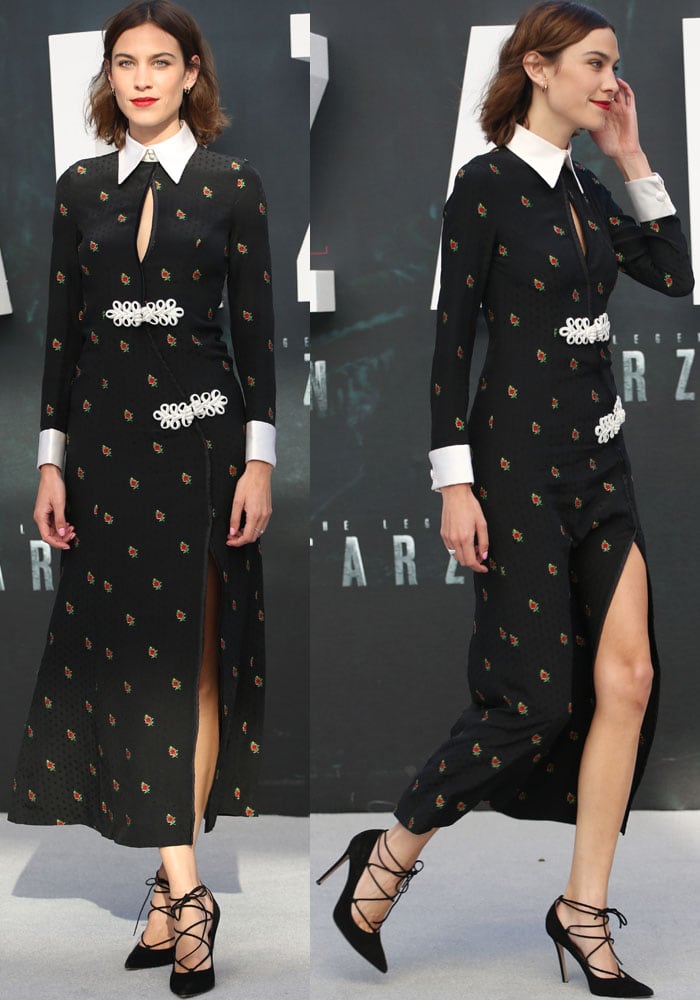 Alexa Chung looked stunning in a fashionable, thigh-split gown with a unique twist at the European premiere of "The Legend of Tarzan"