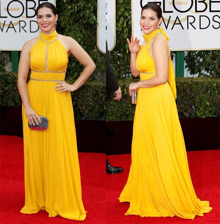 America Ferrera embraced a bold hue at the 73rd Annual Golden Globe Awards, donning a yellow Jenny Packham Resort 2016 pleated silk-chiffon halter dress with an embellished high neckline and keyhole detail, complemented by a red lip, Simon G jewelry, and an oval clutch
