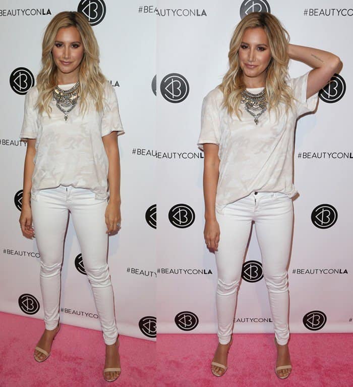 Ashley Tisdale effortlessly nails a casual chic look in an all-white ensemble paired with her favorite Dylanlex statement necklace at the 2016 BeautyCon Festival