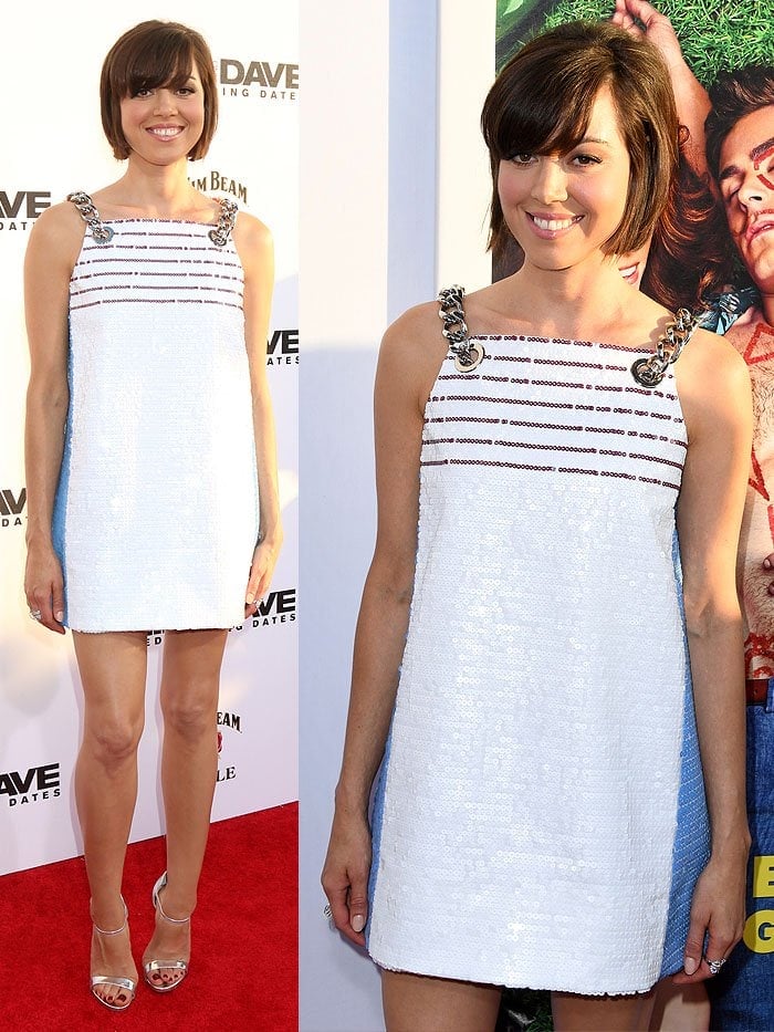 Aubrey Plaza wears a sequined Prada mini dress on the red carpet of the "Mike and Dave Need Wedding Dates" premiere