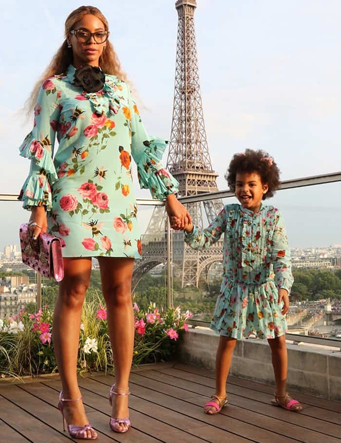 Beyonce and Blue Ivy in matching Gucci floral dresses paired with pink sandals