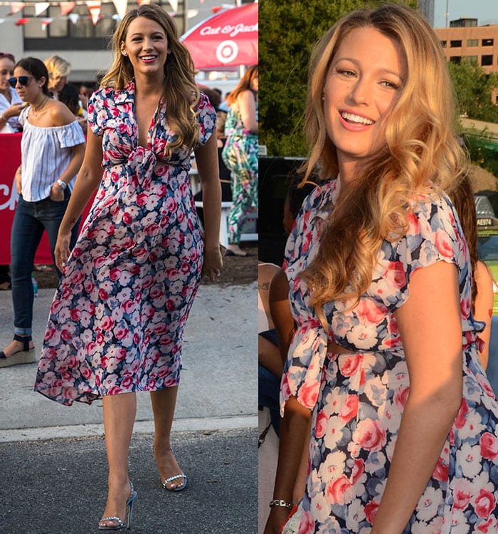 Blake Lively shows off her baby bump in a floral-print dress from Lindsey Thornburg