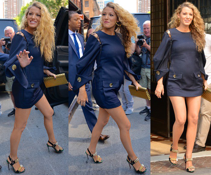 Pregnant Blake Lively shows off her baby bump in a Monse long-sleeve mini dress