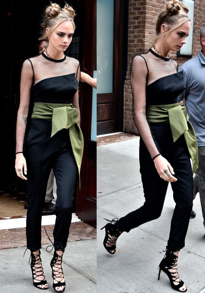 On July 29, 2016, Cara Delevingne left her New York hotel in an exquisite ensemble from Alexandre Vauthier's Fall 2016 Haute Couture collection, showcasing a head-to-toe look