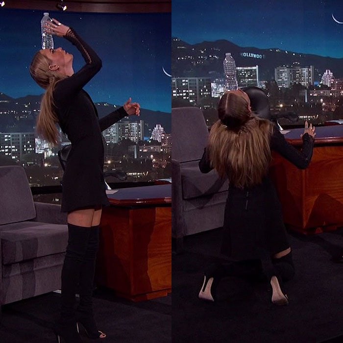 Cara Delevingne performs her water bottle trick in a thigh-skimming dress and thigh-high boots