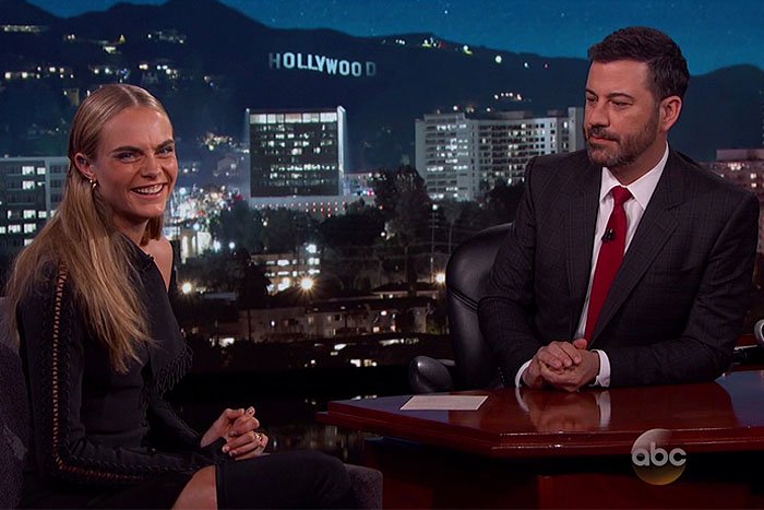 Cara Delevingne wears a black minidress during a "Jimmy Kimmel Live!" appearance