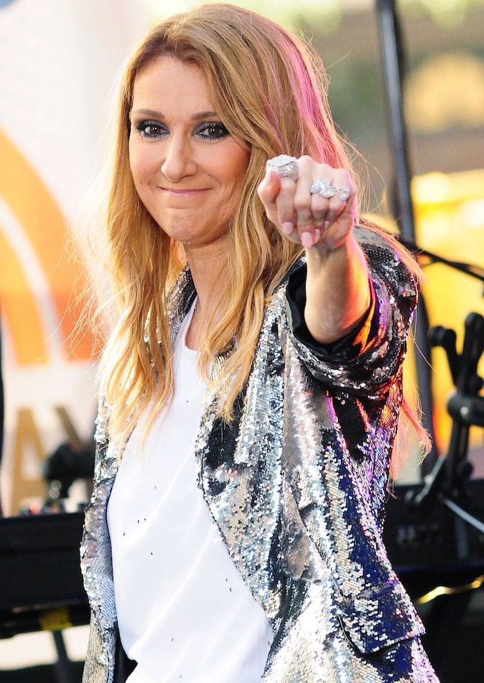 Celine Dion wears a sequined tracksuit for her performance on the "Today Show"