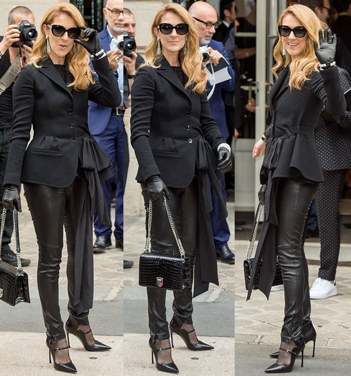 Celine Dion toting a chain-strapped crocodile-embossed handbag