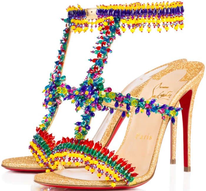 Embellished with a dazzling array of hand-applied crystals and glass beads, this kaleidoscopic 100mm sandal is sure to become every Louboutin lady’s dream