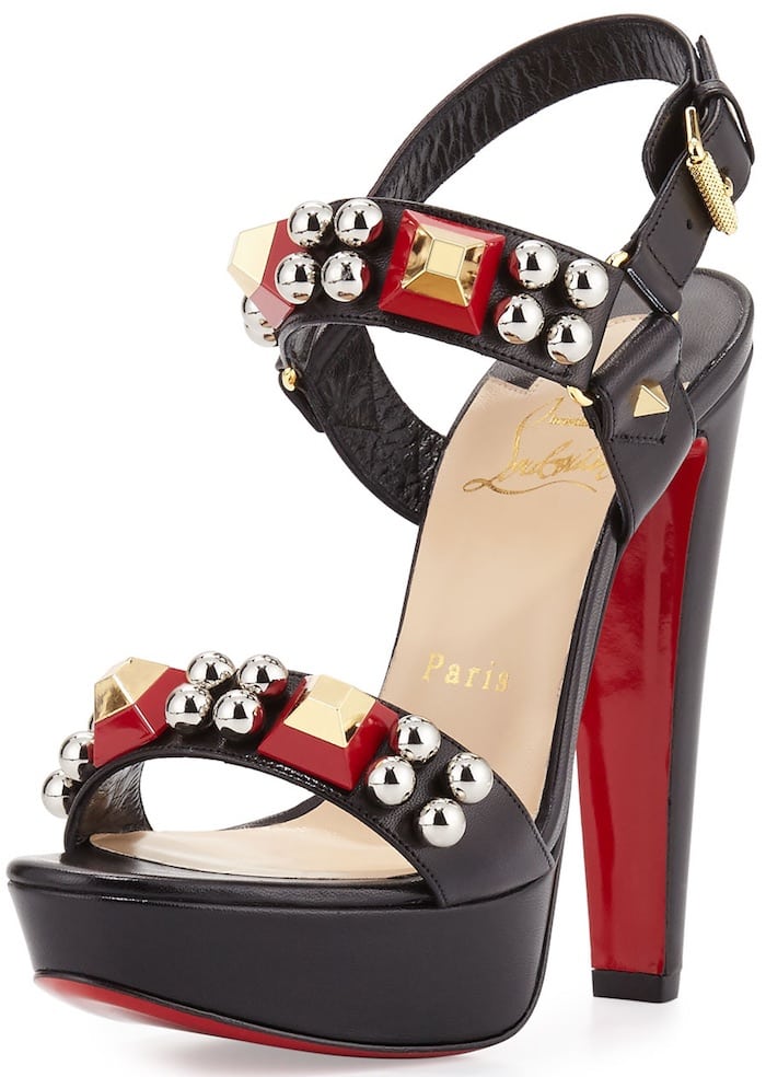 Black/Red Christian Louboutin "Pyrabubble" Studded Red Sole Sandal